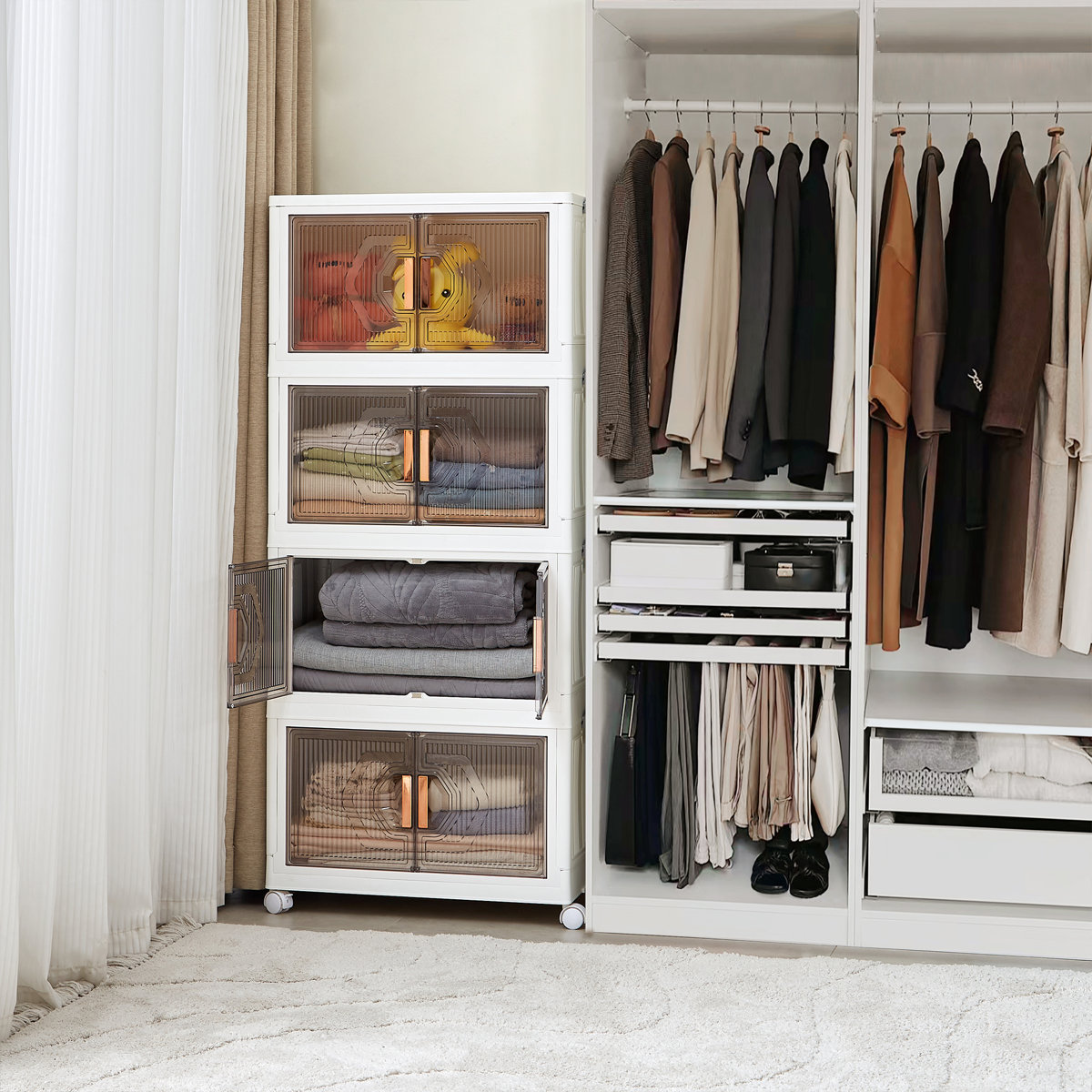 Canas 4 Pack Stackable Storage Bins 70 QT Folding Organizer Boxes Collapsible Closet With Door Wheel Lid